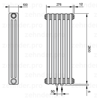 Схема (чертеж) Радиатор Zehnder Charleston 3280/6 №5410 Белый глянцевый RAL 9016